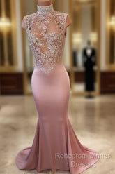 Unique Hight Neck Sequin Long Semi Formal Prom Dress, Mermaid Evening Dress